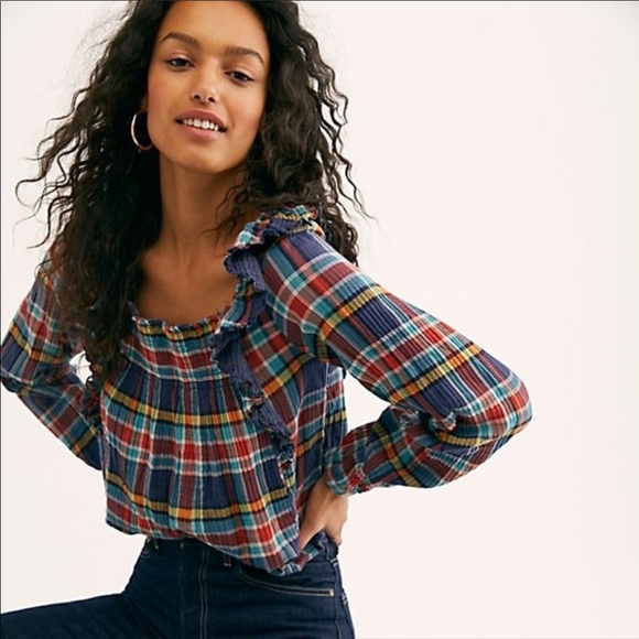 Free People Tops - Free People Siena Plaid Pullover Navy NWT